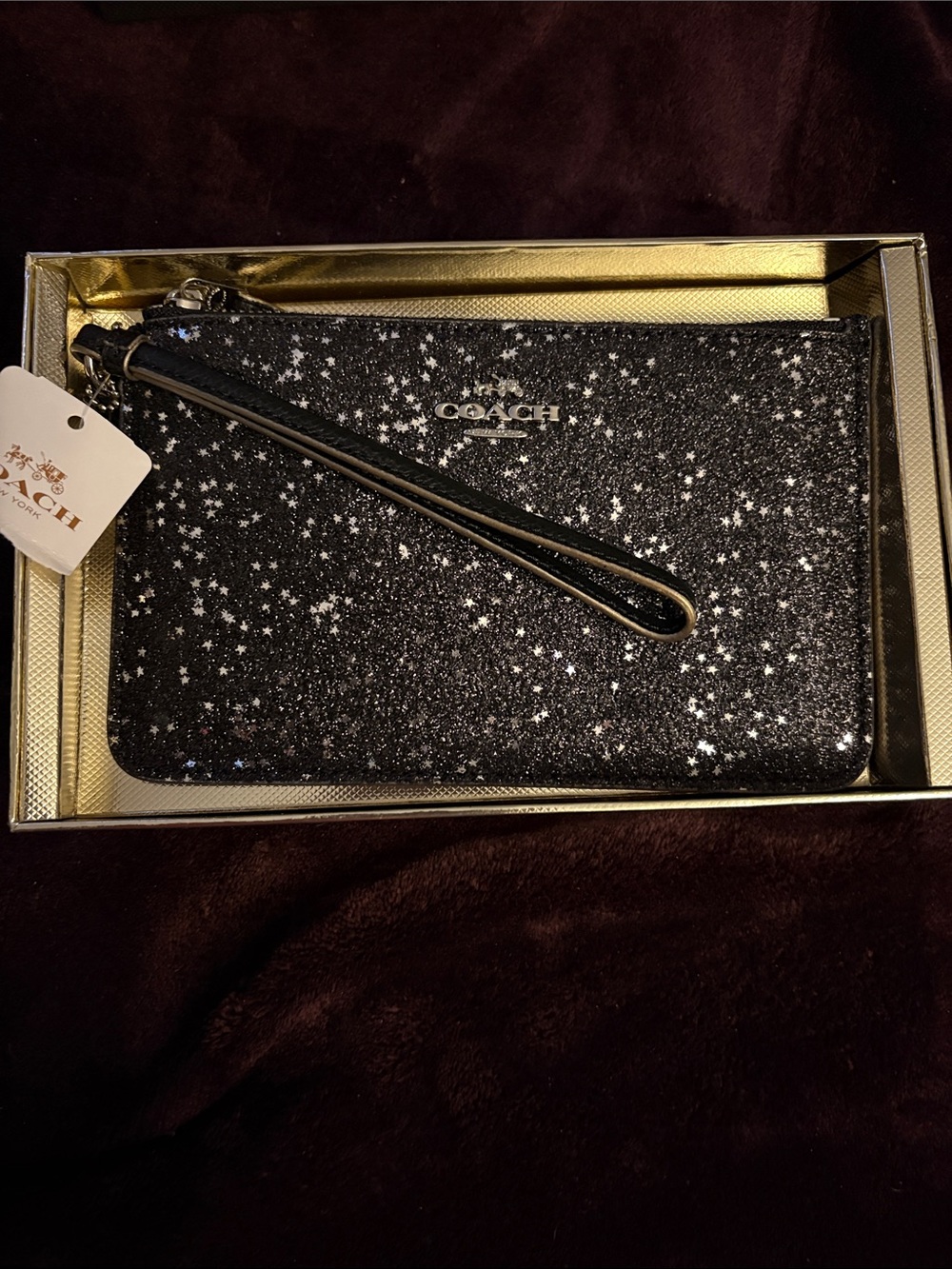 NWT GIFT READY COACH Black Glitter Star Wristlet - Sparkle Clutch